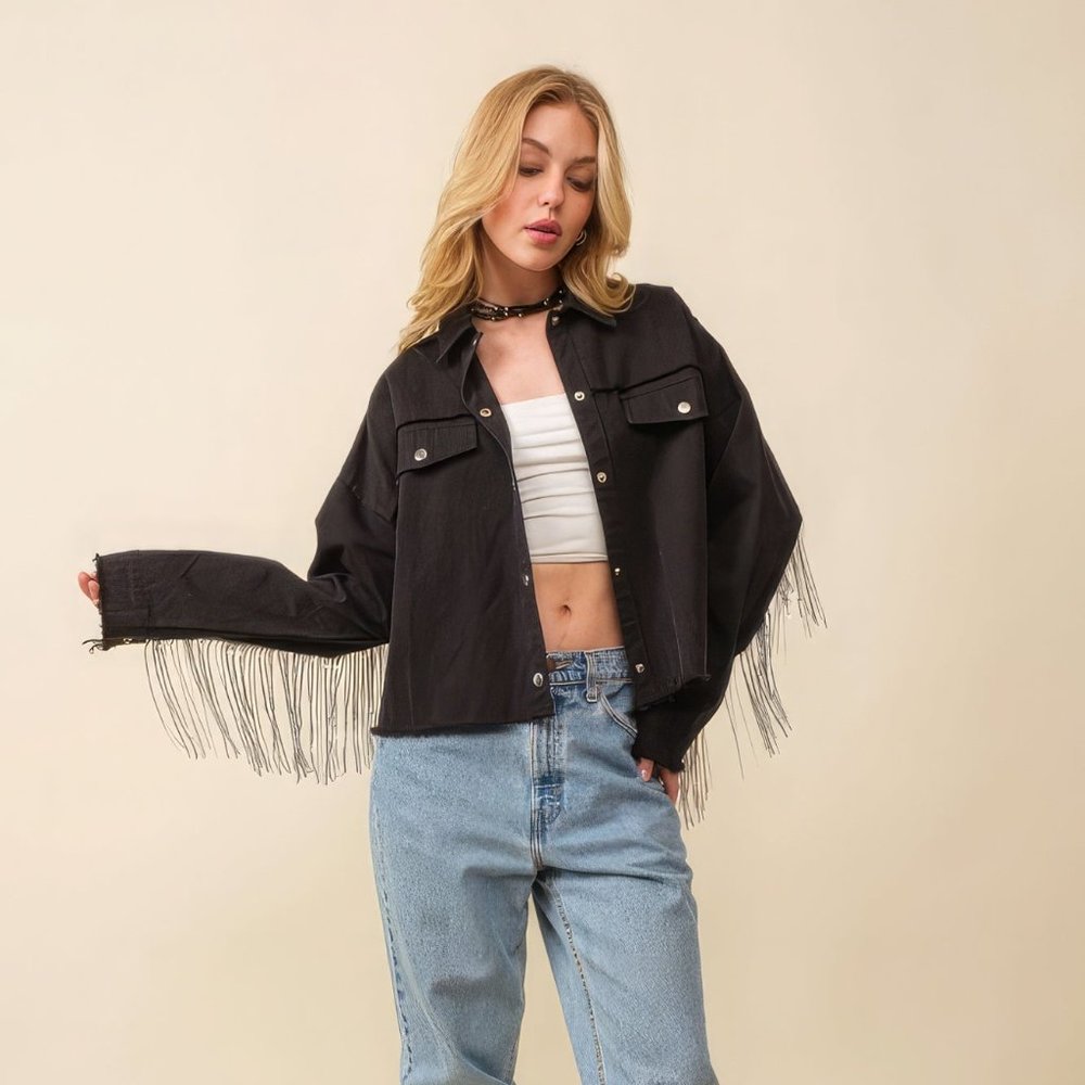 Howdy Sequin Fringe And Star Patches Jacket-Black